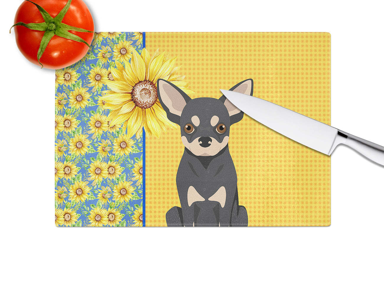 Summer Sunflowers Black and Cream Chihuahua Cutting Board Tempered Glass Kitchen Cutting Surface, Heat Resistant Chopping, Non-Slip Feet, Food Prep & Serving