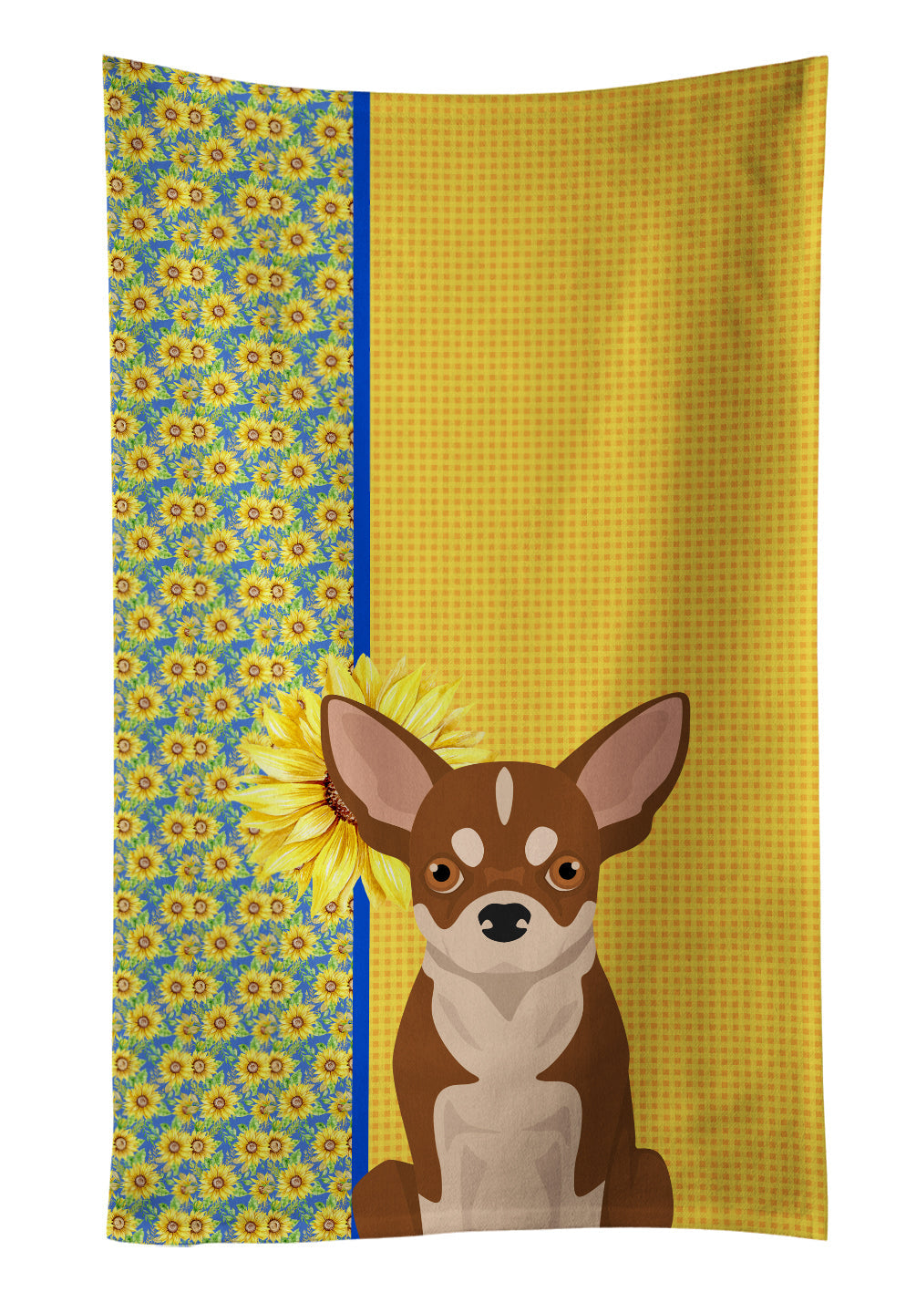 Summer Sunflowers Red and White Chihuahua Kitchen Towel Velour Plush Front and Cotton Loop Back Machine Washable