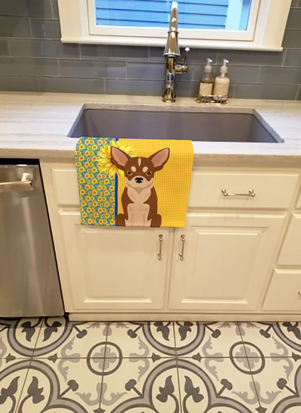Summer Sunflowers Red and White Chihuahua Kitchen Towel Velour Plush Front and Cotton Loop Back Machine Washable