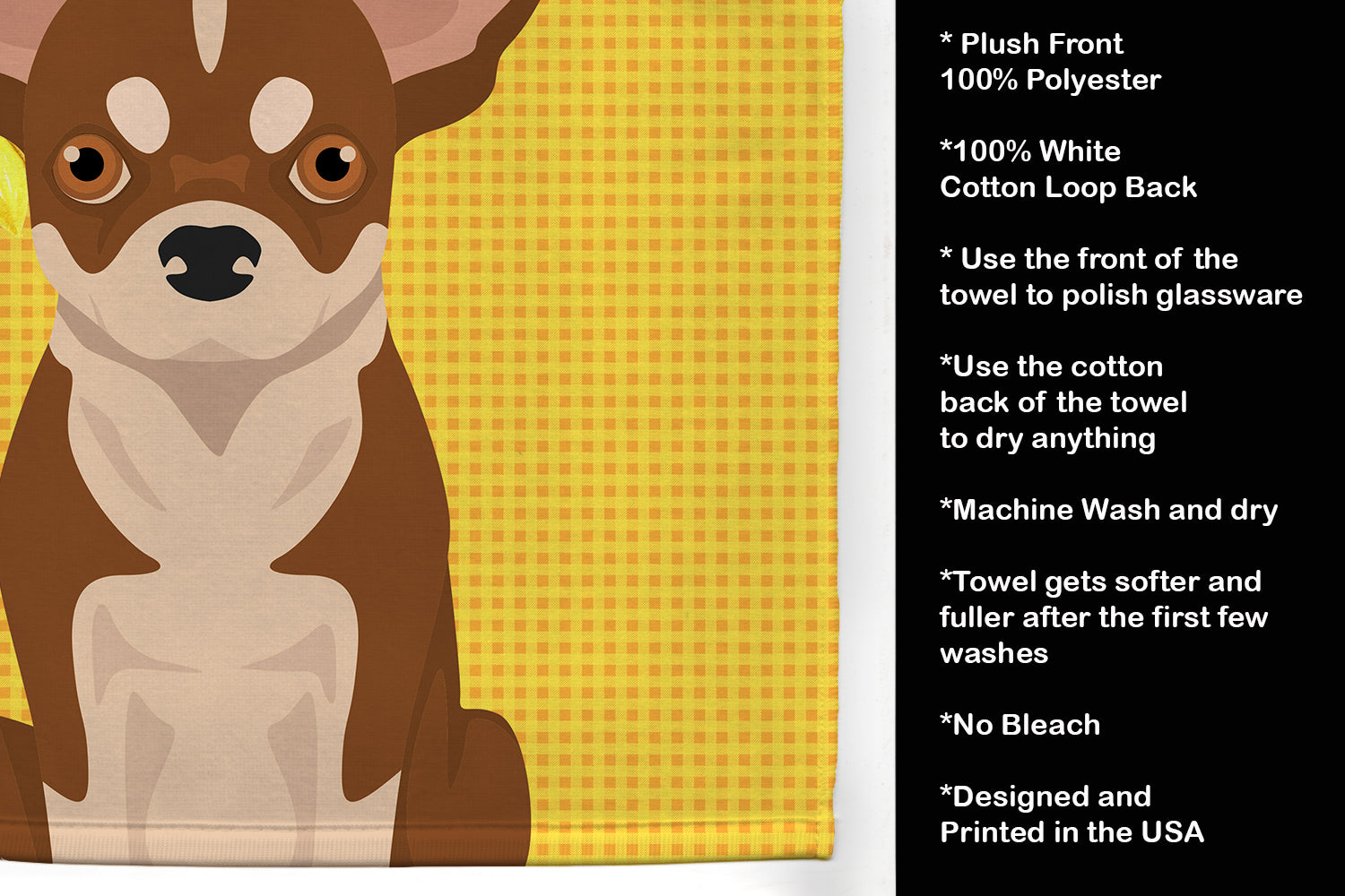 Summer Sunflowers Red and White Chihuahua Kitchen Towel Velour Plush Front and Cotton Loop Back Machine Washable