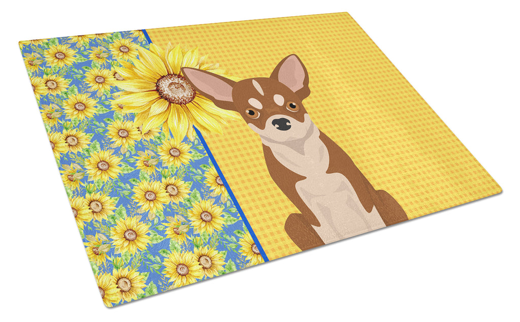 Summer Sunflowers Red and White Chihuahua Cutting Board Tempered Glass Kitchen Cutting Surface, Heat Resistant Chopping, Non-Slip Feet, Food Prep & Serving