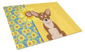 Summer Sunflowers Red and White Chihuahua Cutting Board Tempered Glass Kitchen Cutting Surface, Heat Resistant Chopping, Non-Slip Feet, Food Prep & Serving