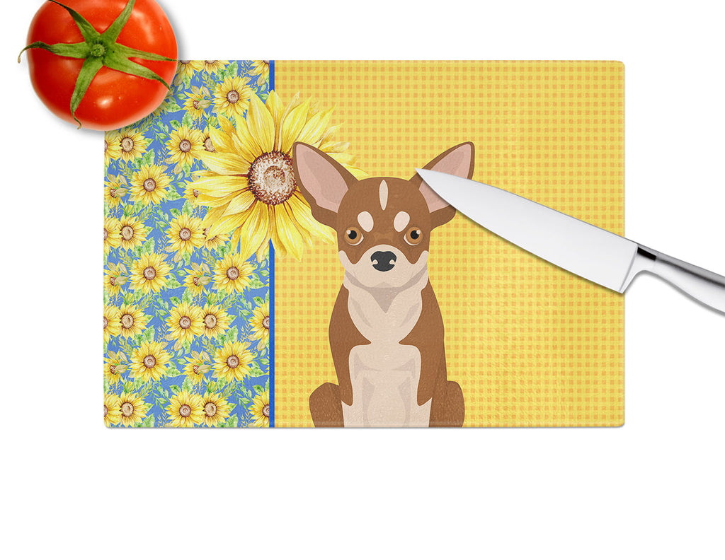 Summer Sunflowers Red and White Chihuahua Cutting Board Tempered Glass Kitchen Cutting Surface, Heat Resistant Chopping, Non-Slip Feet, Food Prep & Serving