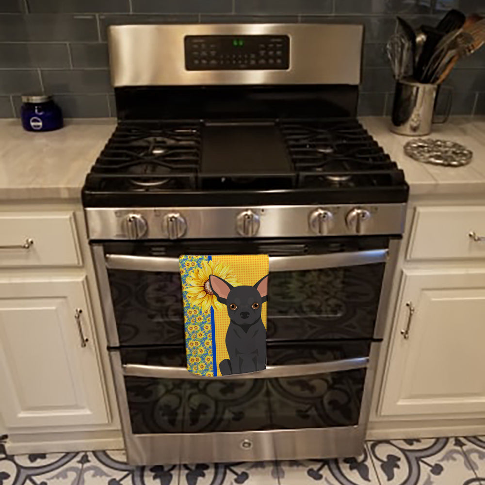 Summer Sunflowers Black Chihuahua Kitchen Towel Velour Plush Front and Cotton Loop Back Machine Washable