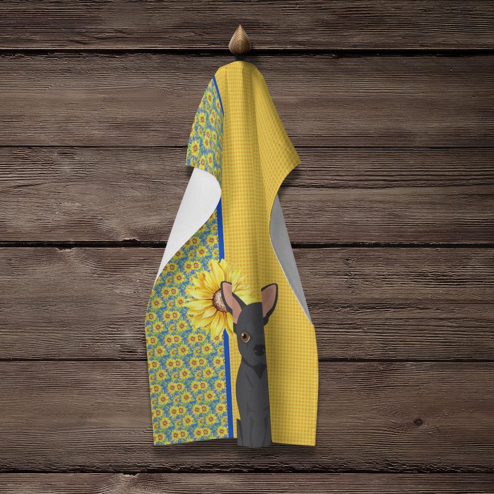 Summer Sunflowers Black Chihuahua Kitchen Towel Velour Plush Front and Cotton Loop Back Machine Washable