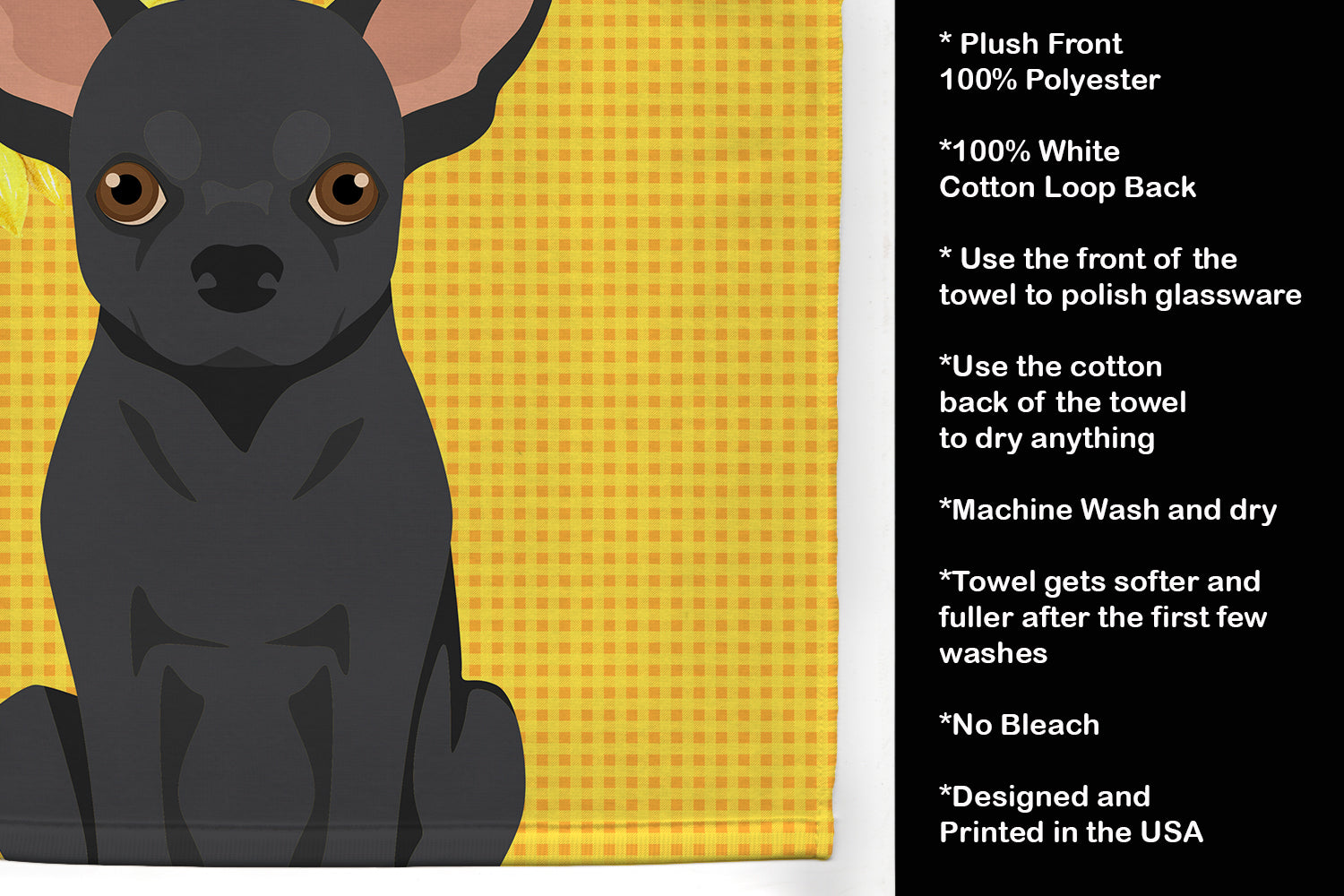 Summer Sunflowers Black Chihuahua Kitchen Towel Velour Plush Front and Cotton Loop Back Machine Washable
