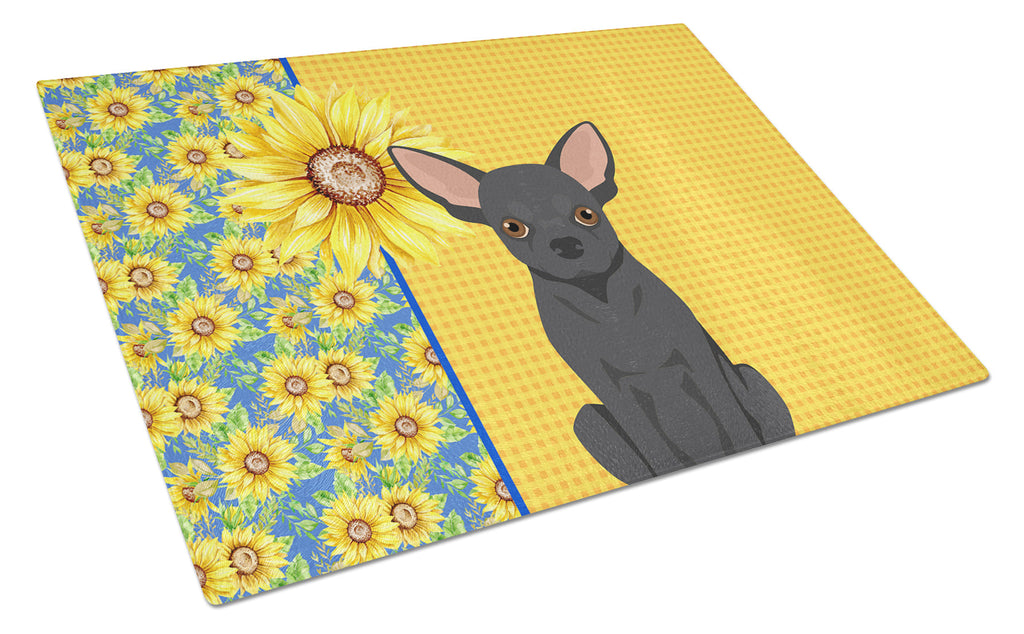 Summer Sunflowers Black Chihuahua Cutting Board Tempered Glass Kitchen Cutting Surface, Heat Resistant Chopping, Non-Slip Feet, Food Prep & Serving