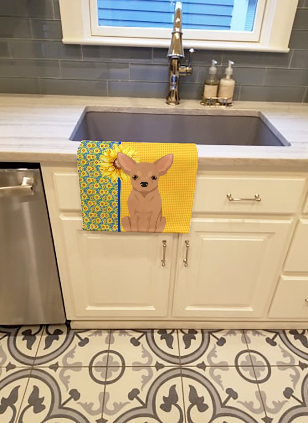 Summer Sunflowers Cream Chihuahua Kitchen Towel Velour Plush Front and Cotton Loop Back Machine Washable