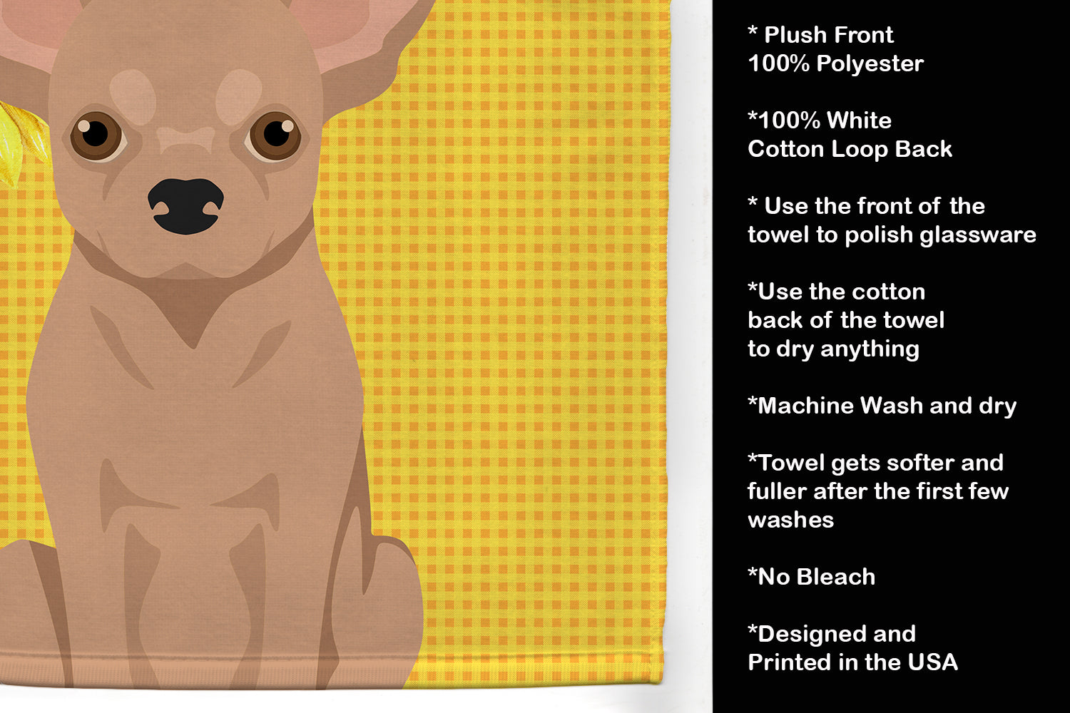 Summer Sunflowers Cream Chihuahua Kitchen Towel Velour Plush Front and Cotton Loop Back Machine Washable