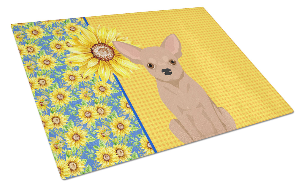 Summer Sunflowers Cream Chihuahua Cutting Board Tempered Glass Kitchen Cutting Surface, Heat Resistant Chopping, Non-Slip Feet, Food Prep & Serving