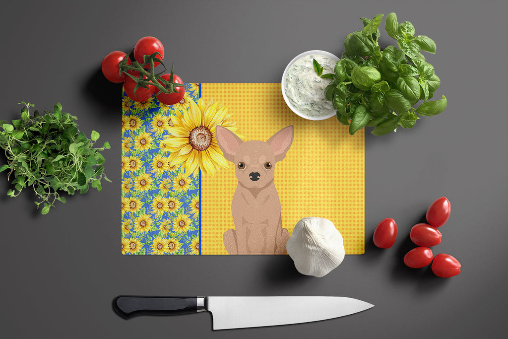 Summer Sunflowers Cream Chihuahua Cutting Board Tempered Glass Kitchen Cutting Surface, Heat Resistant Chopping, Non-Slip Feet, Food Prep & Serving