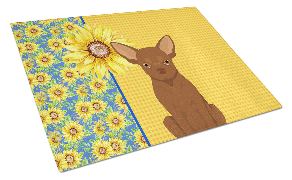 Summer Sunflowers Chocolate Chihuahua Cutting Board Tempered Glass Kitchen Cutting Surface, Heat Resistant Chopping, Non-Slip Feet, Food Prep & Serving