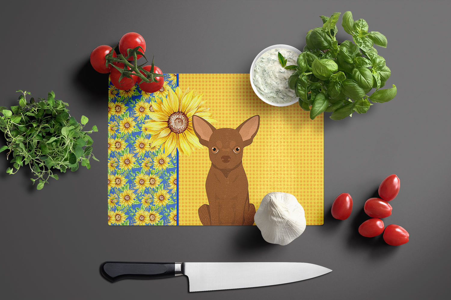 Summer Sunflowers Chocolate Chihuahua Cutting Board Tempered Glass Kitchen Cutting Surface, Heat Resistant Chopping, Non-Slip Feet, Food Prep & Serving