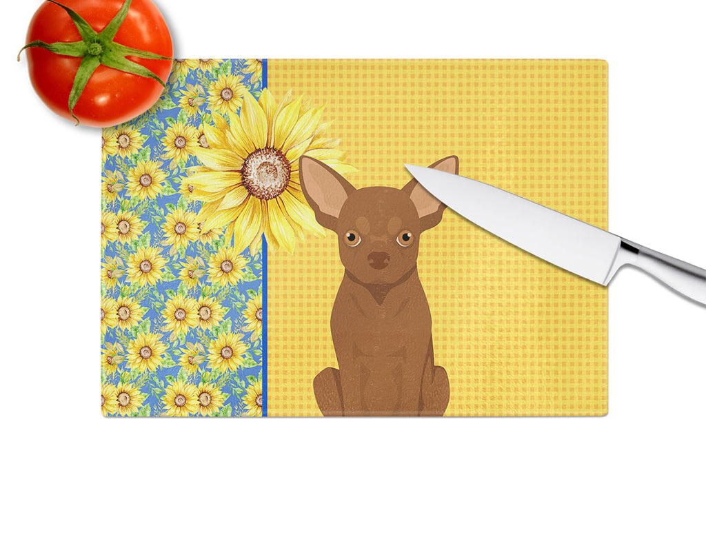 Summer Sunflowers Chocolate Chihuahua Cutting Board Tempered Glass Kitchen Cutting Surface, Heat Resistant Chopping, Non-Slip Feet, Food Prep & Serving