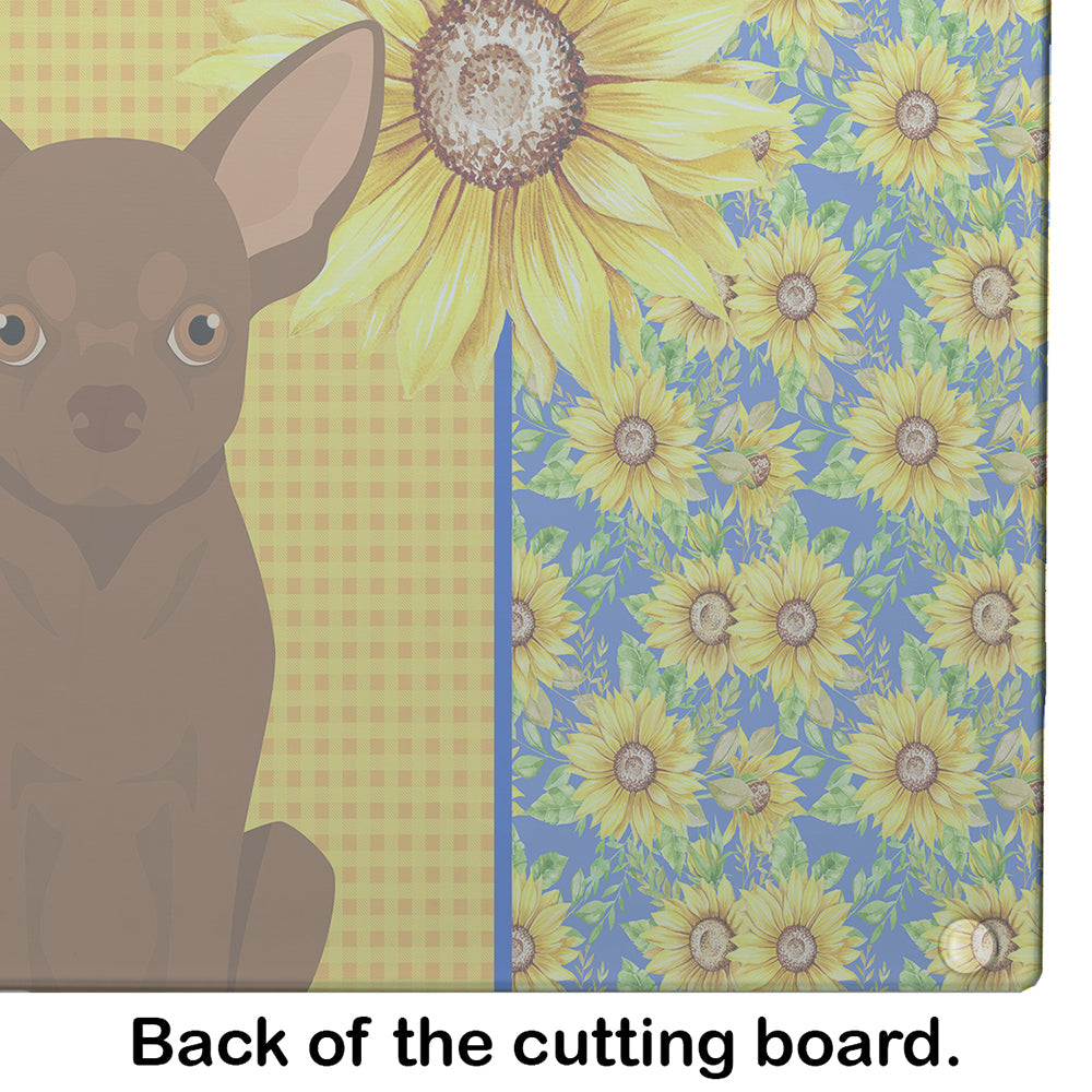 Summer Sunflowers Chocolate Chihuahua Cutting Board Tempered Glass Kitchen Cutting Surface, Heat Resistant Chopping, Non-Slip Feet, Food Prep & Serving