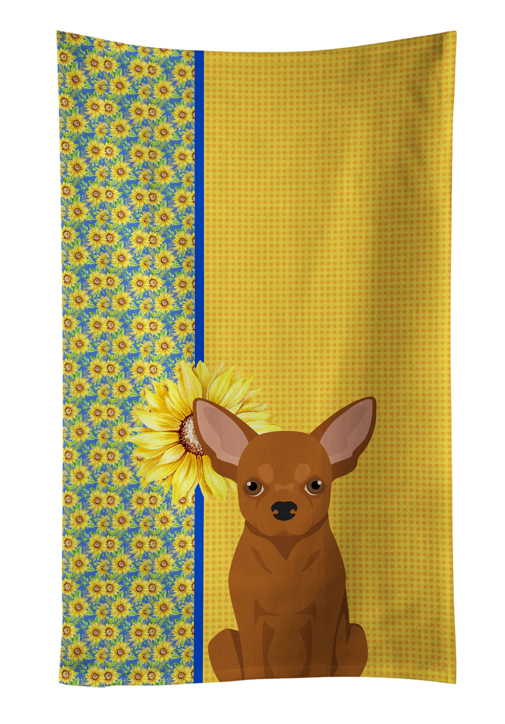 Summer Sunflowers Red Chihuahua Kitchen Towel Velour Plush Front and Cotton Loop Back Machine Washable