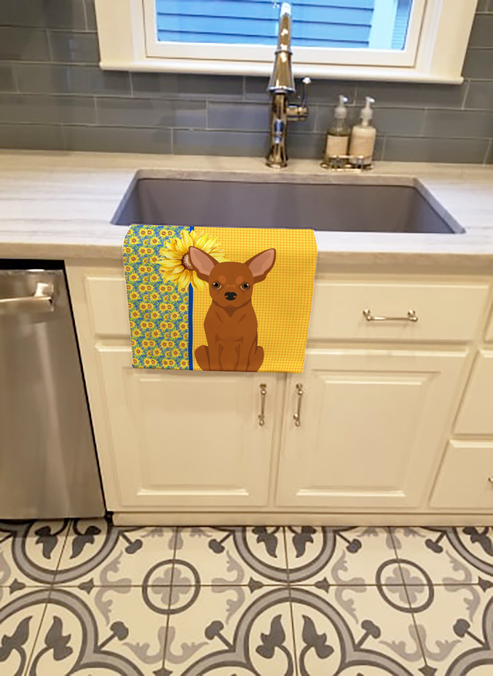 Summer Sunflowers Red Chihuahua Kitchen Towel Velour Plush Front and Cotton Loop Back Machine Washable