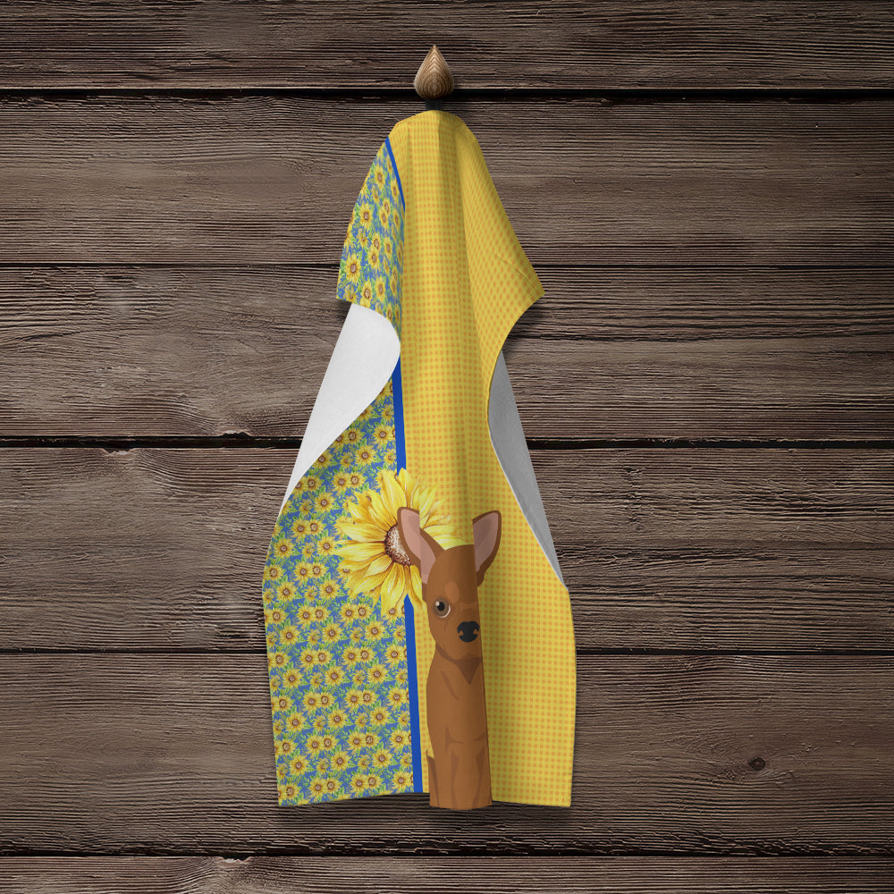 Summer Sunflowers Red Chihuahua Kitchen Towel Velour Plush Front and Cotton Loop Back Machine Washable