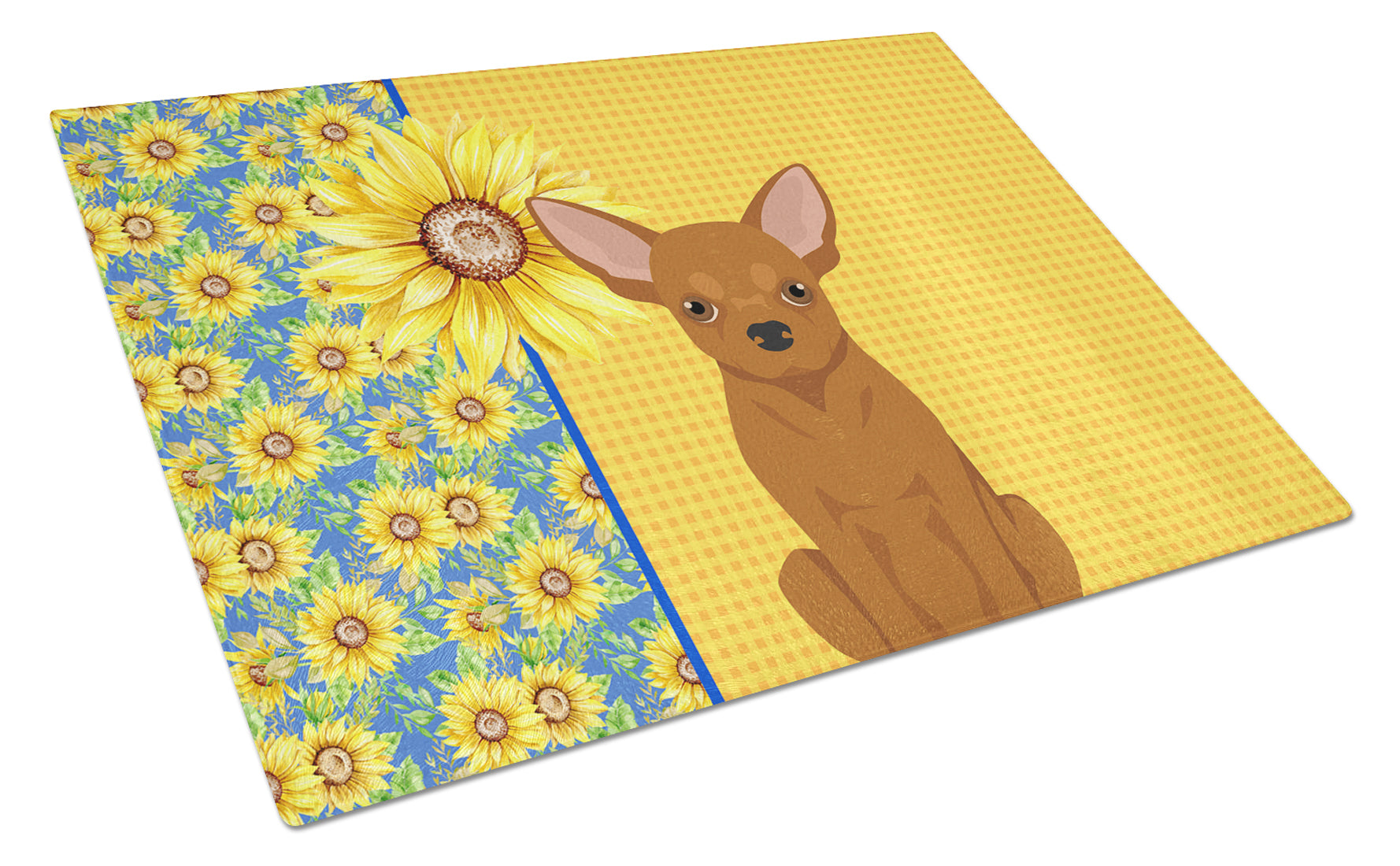 Summer Sunflowers Red Chihuahua Cutting Board Tempered Glass Kitchen Cutting Surface, Heat Resistant Chopping, Non-Slip Feet, Food Prep & Serving