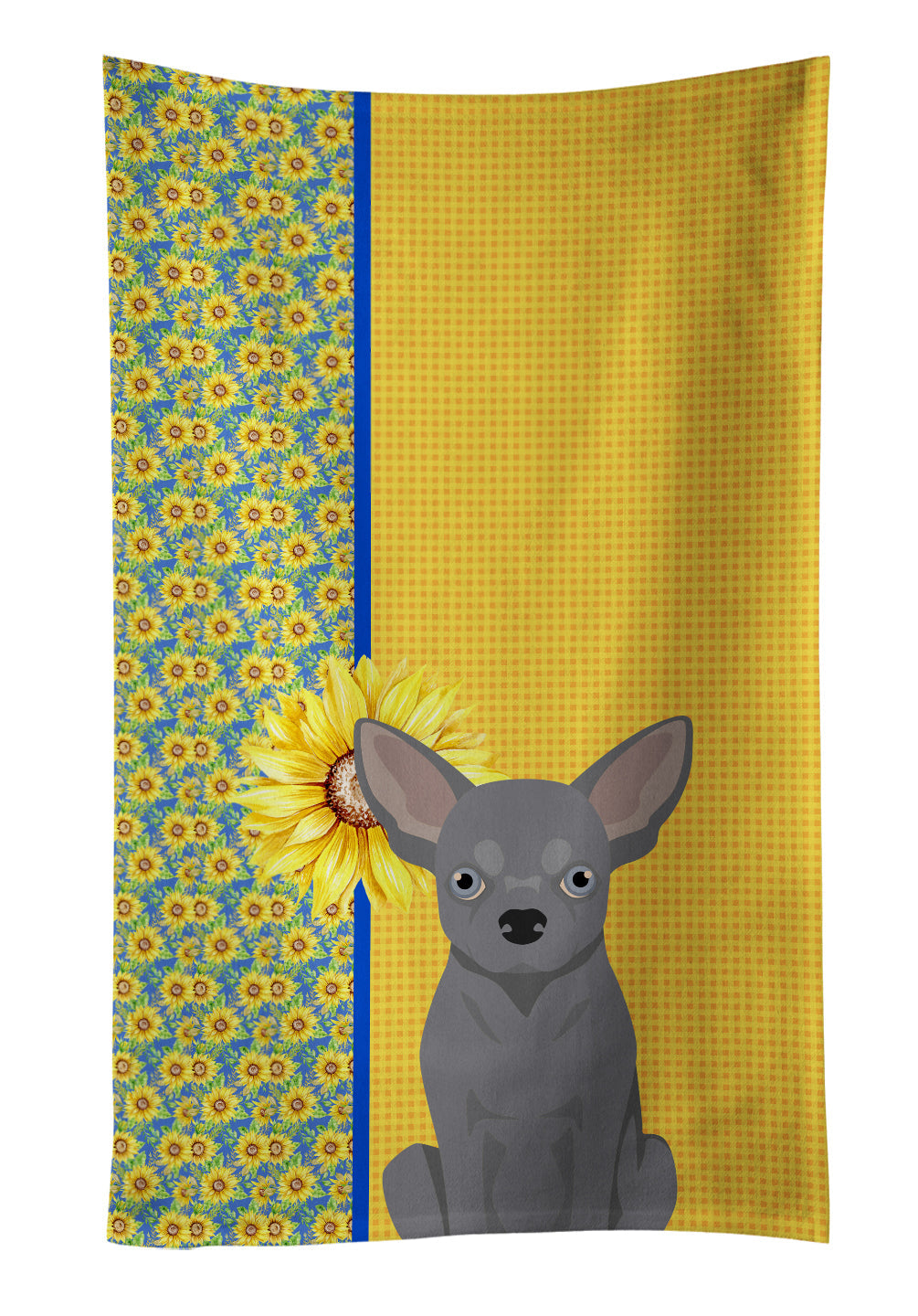 Summer Sunflowers Blue Chihuahua Kitchen Towel Velour Plush Front and Cotton Loop Back Machine Washable