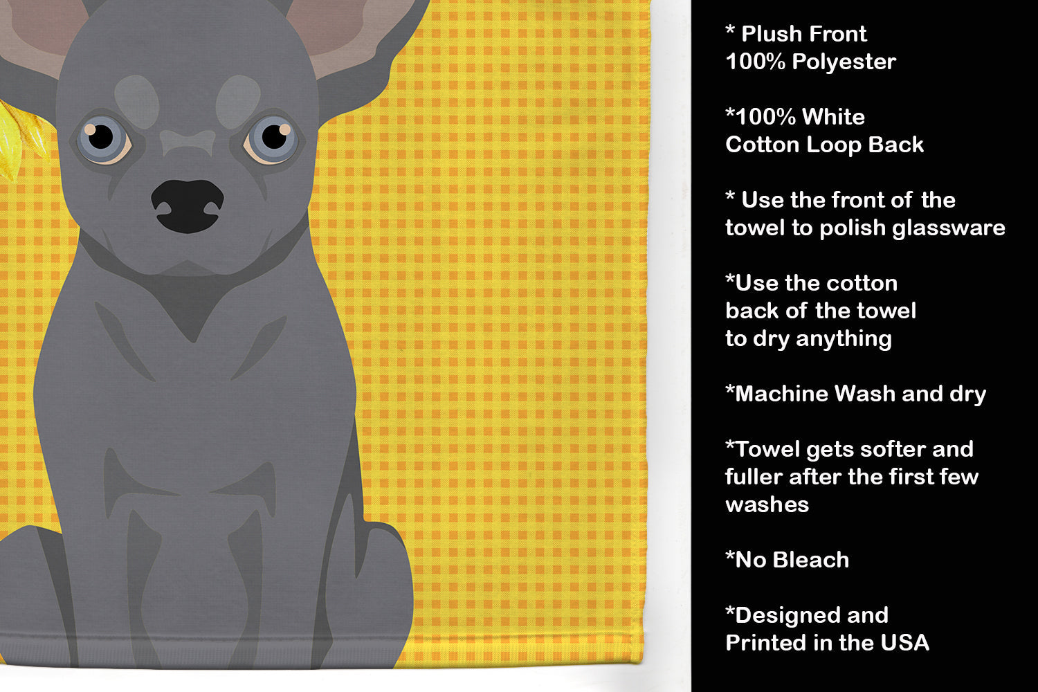 Summer Sunflowers Blue Chihuahua Kitchen Towel Velour Plush Front and Cotton Loop Back Machine Washable