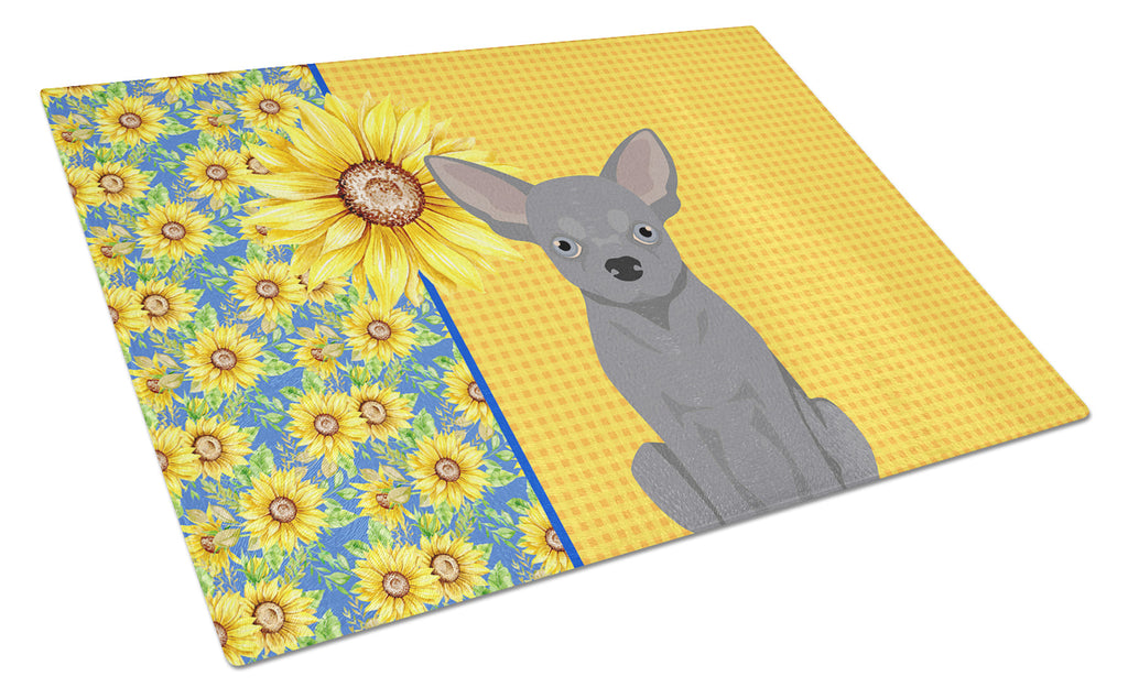 Summer Sunflowers Blue Chihuahua Cutting Board Tempered Glass Kitchen Cutting Surface, Heat Resistant Chopping, Non-Slip Feet, Food Prep & Serving