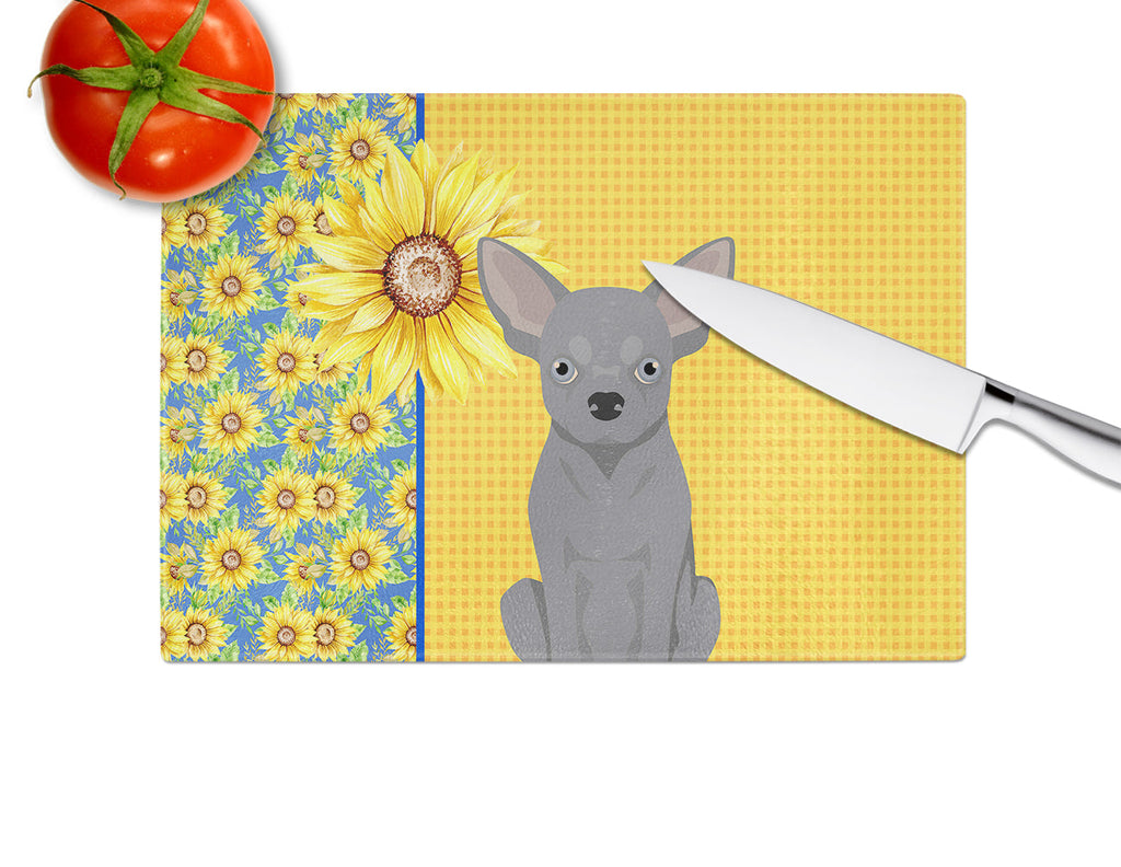 Summer Sunflowers Blue Chihuahua Cutting Board Tempered Glass Kitchen Cutting Surface, Heat Resistant Chopping, Non-Slip Feet, Food Prep & Serving