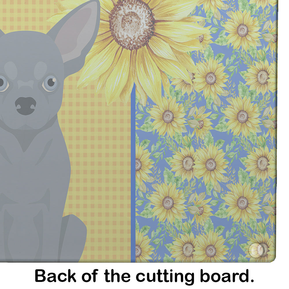 Summer Sunflowers Blue Chihuahua Cutting Board Tempered Glass Kitchen Cutting Surface, Heat Resistant Chopping, Non-Slip Feet, Food Prep & Serving