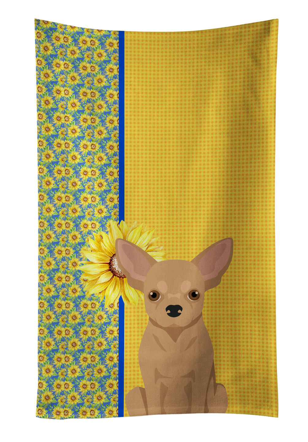 Summer Sunflowers Gold Chihuahua Kitchen Towel Velour Plush Front and Cotton Loop Back Machine Washable