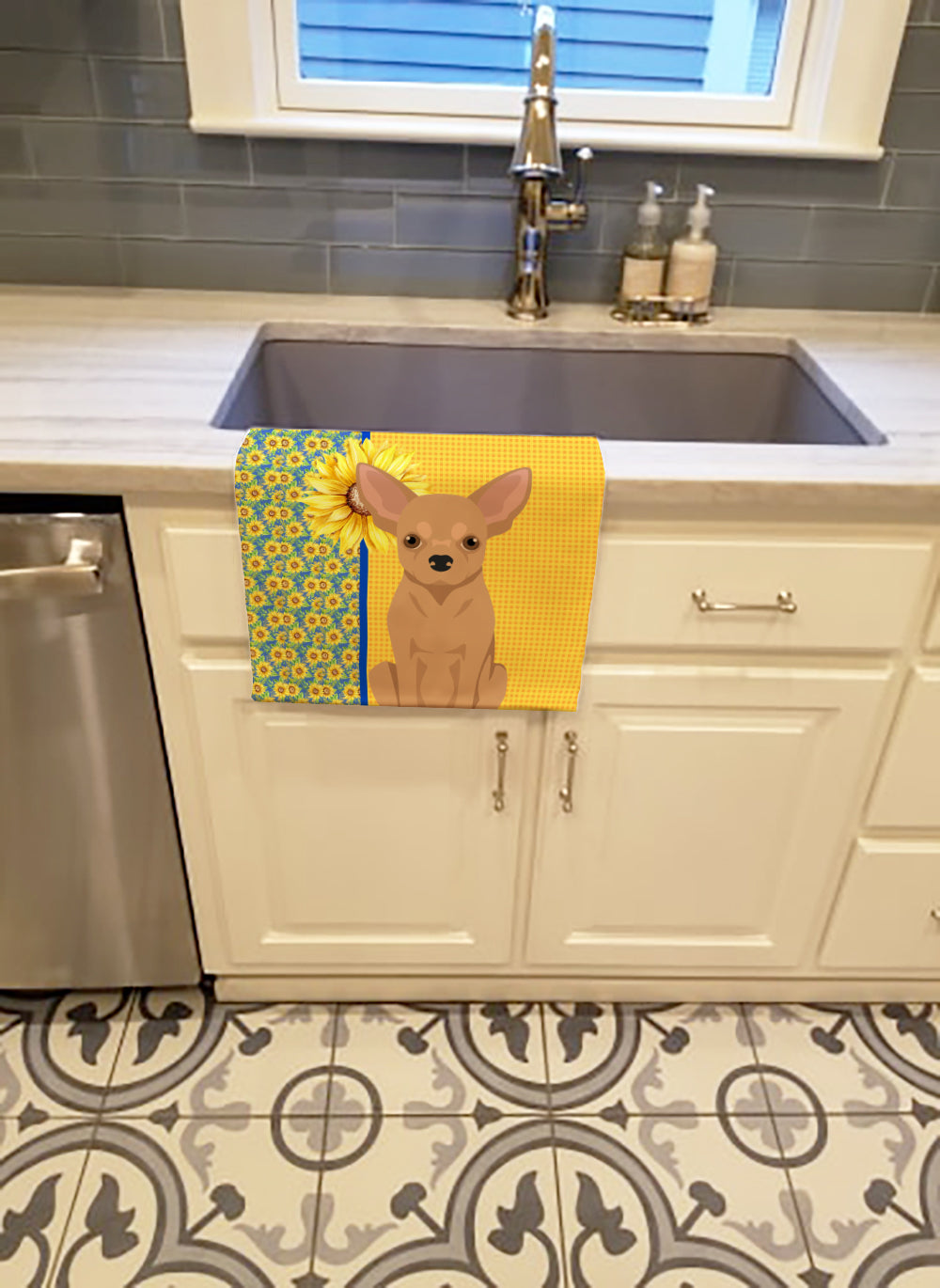 Summer Sunflowers Gold Chihuahua Kitchen Towel Velour Plush Front and Cotton Loop Back Machine Washable