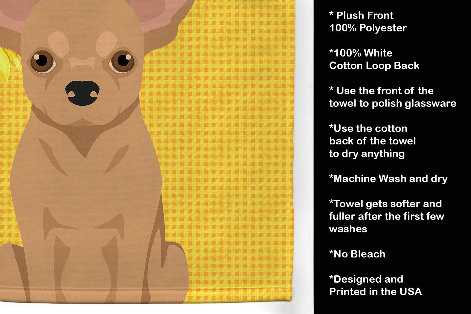 Summer Sunflowers Gold Chihuahua Kitchen Towel Velour Plush Front and Cotton Loop Back Machine Washable