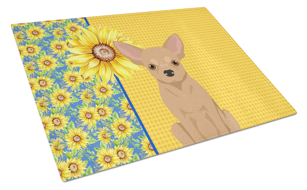 Summer Sunflowers Gold Chihuahua Cutting Board Tempered Glass Kitchen Cutting Surface, Heat Resistant Chopping, Non-Slip Feet, Food Prep & Serving