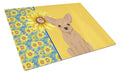 Summer Sunflowers Gold Chihuahua Cutting Board Tempered Glass Kitchen Cutting Surface, Heat Resistant Chopping, Non-Slip Feet, Food Prep & Serving