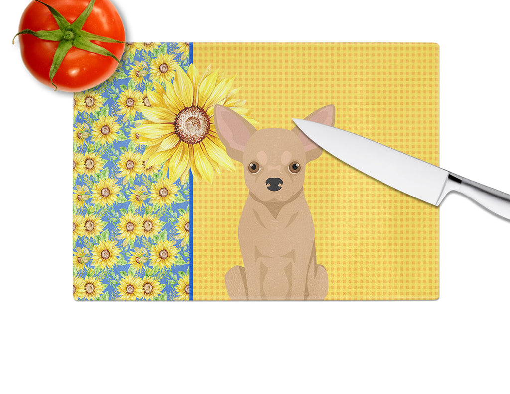 Summer Sunflowers Gold Chihuahua Cutting Board Tempered Glass Kitchen Cutting Surface, Heat Resistant Chopping, Non-Slip Feet, Food Prep & Serving