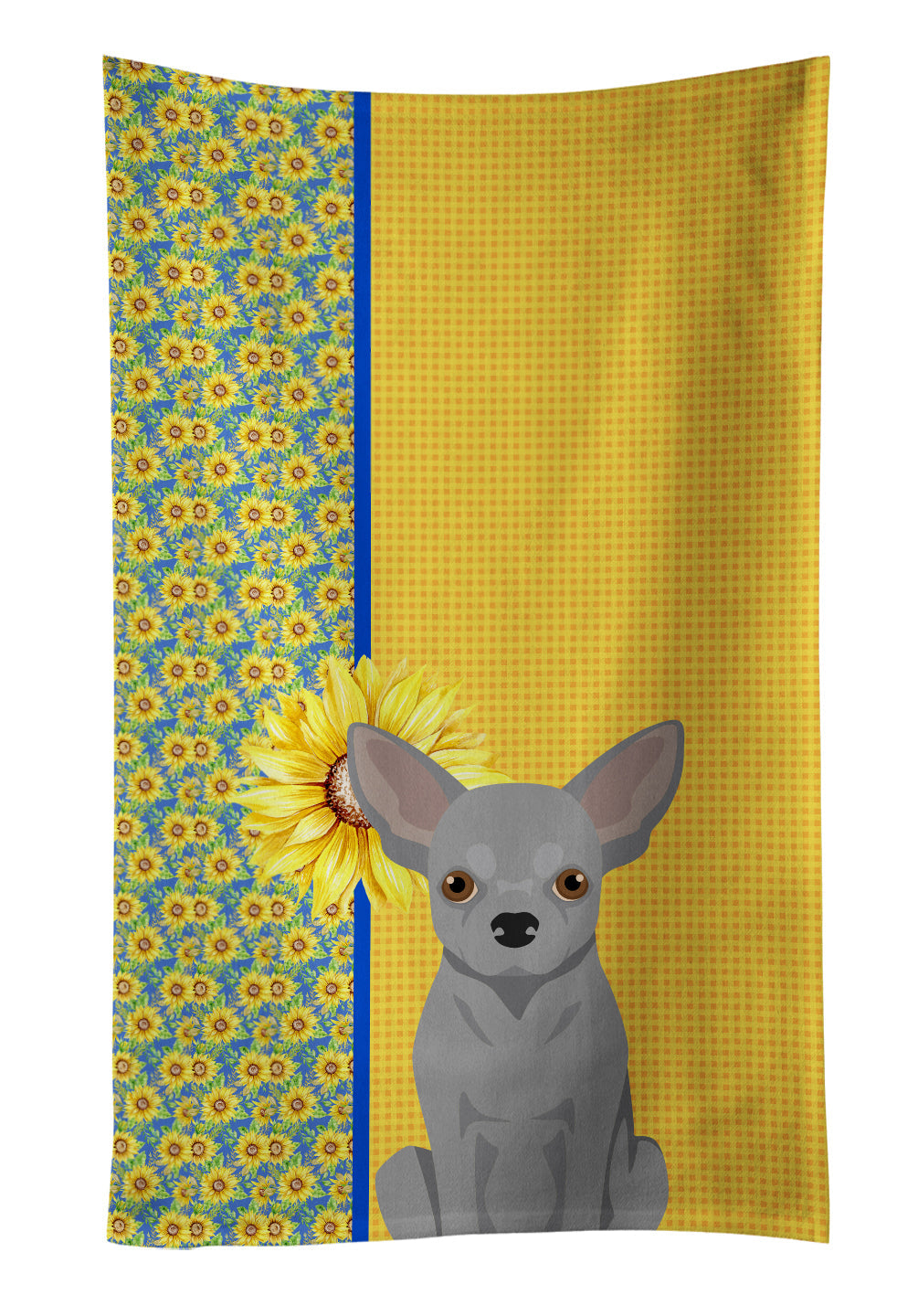 Summer Sunflowers Silver Chihuahua Kitchen Towel Velour Plush Front and Cotton Loop Back Machine Washable