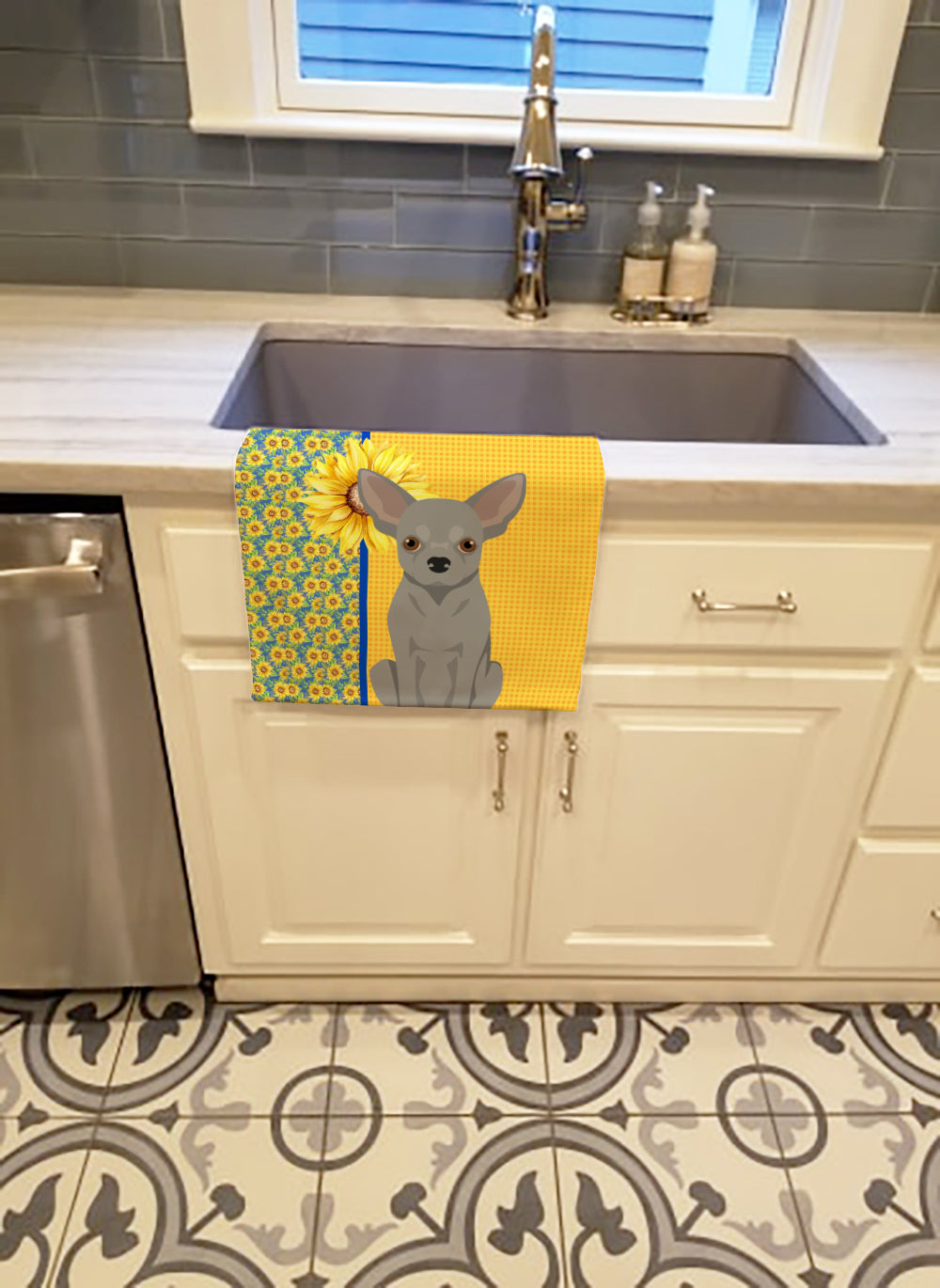 Summer Sunflowers Silver Chihuahua Kitchen Towel Velour Plush Front and Cotton Loop Back Machine Washable