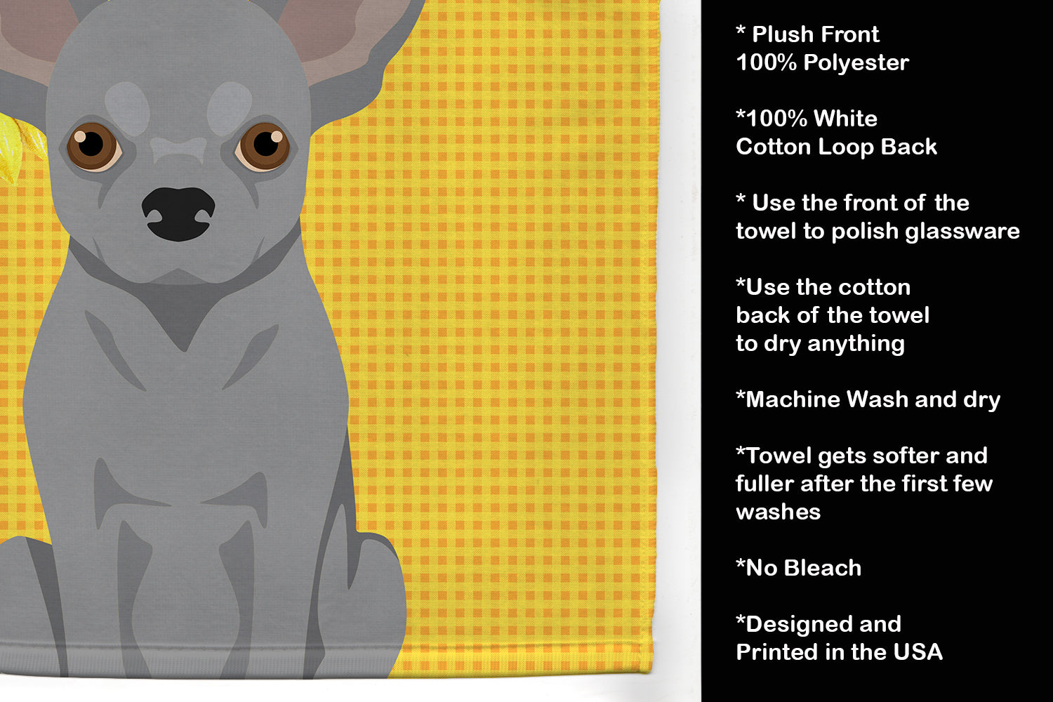 Summer Sunflowers Silver Chihuahua Kitchen Towel Velour Plush Front and Cotton Loop Back Machine Washable