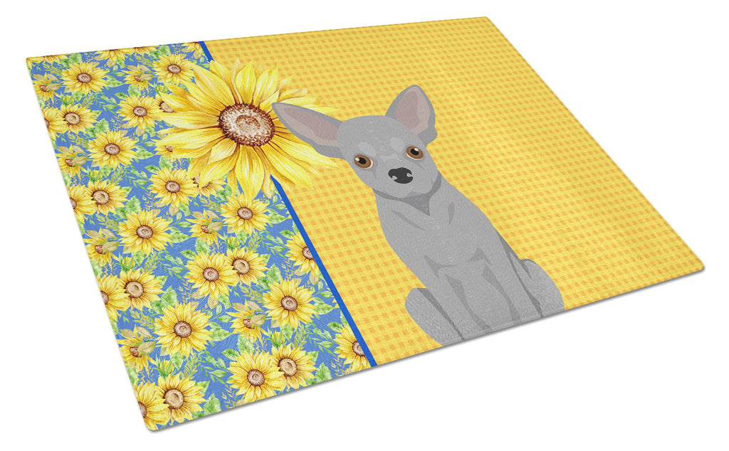 Summer Sunflowers Silver Chihuahua Cutting Board Tempered Glass Kitchen Cutting Surface, Heat Resistant Chopping, Non-Slip Feet, Food Prep & Serving