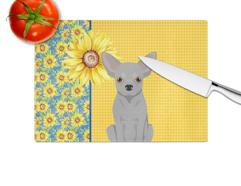 Summer Sunflowers Silver Chihuahua Cutting Board Tempered Glass Kitchen Cutting Surface, Heat Resistant Chopping, Non-Slip Feet, Food Prep & Serving