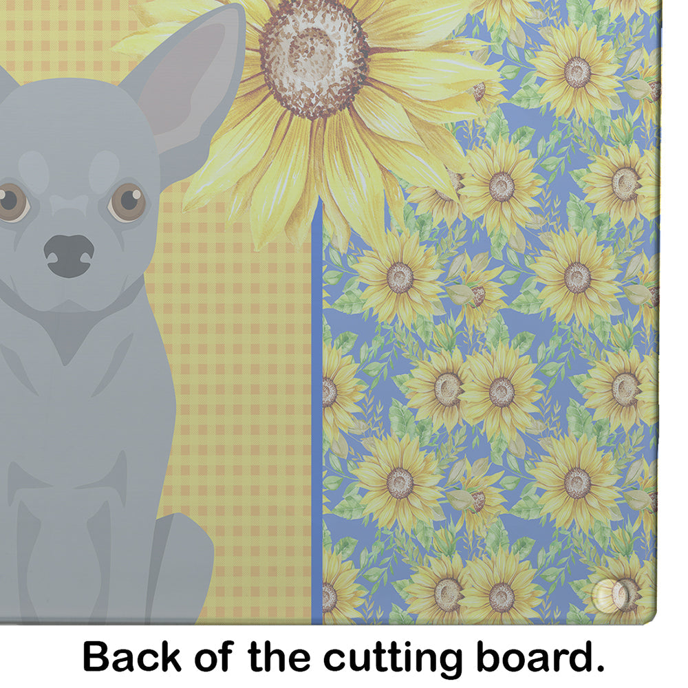 Summer Sunflowers Silver Chihuahua Cutting Board Tempered Glass Kitchen Cutting Surface, Heat Resistant Chopping, Non-Slip Feet, Food Prep & Serving