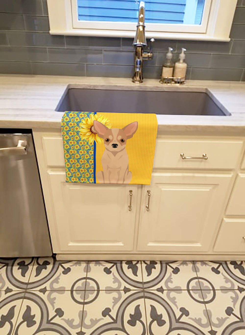 Summer Sunflowers Fawn and White Chihuahua Kitchen Towel Velour Plush Front and Cotton Loop Back Machine Washable