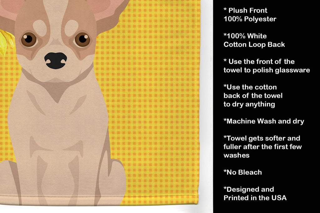 Summer Sunflowers Fawn and White Chihuahua Kitchen Towel Velour Plush Front and Cotton Loop Back Machine Washable