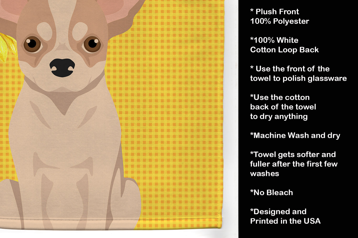 Summer Sunflowers Fawn and White Chihuahua Kitchen Towel Velour Plush Front and Cotton Loop Back Machine Washable