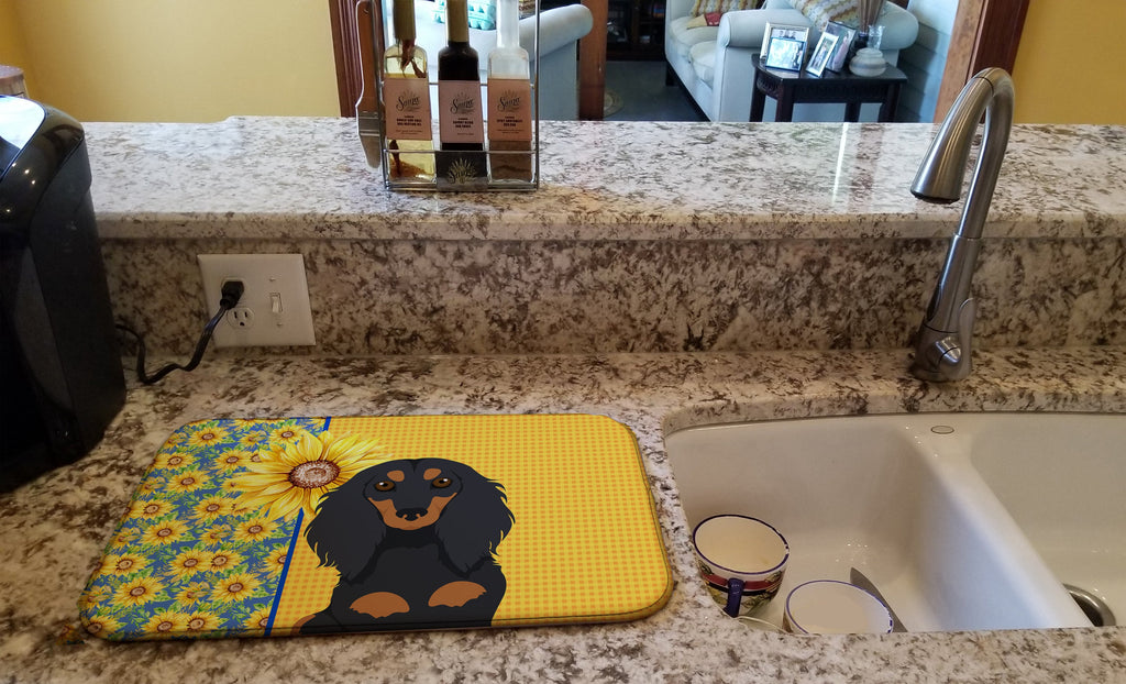 Summer Sunflowers Longhair Black and Tan Dachshund Dish Drying Mat Absorbent Dish Drying Mat Pad for Kitchen Counter Dish Drainer Mat for Countertop, 14 x 21", Multicolor