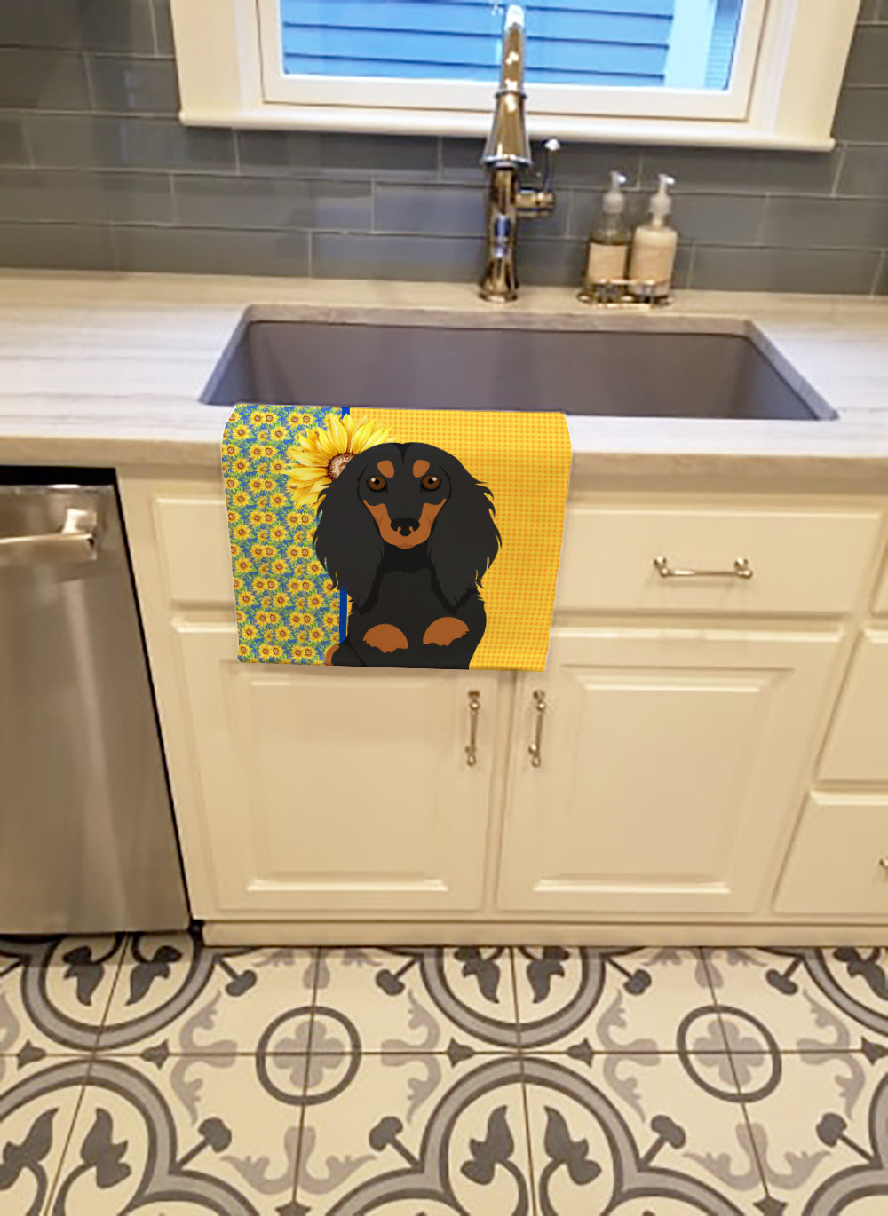 Summer Sunflowers Longhair Black and Tan Dachshund Kitchen Towel Velour Plush Front and Cotton Loop Back Machine Washable