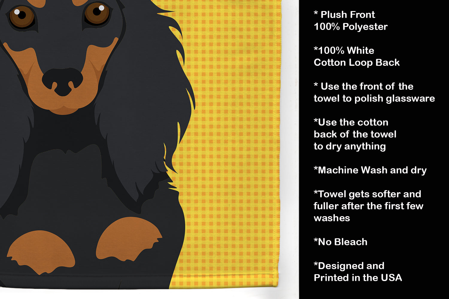 Summer Sunflowers Longhair Black and Tan Dachshund Kitchen Towel Velour Plush Front and Cotton Loop Back Machine Washable