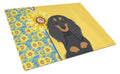 Summer Sunflowers Longhair Black and Tan Dachshund Cutting Board Tempered Glass Kitchen Cutting Surface, Heat Resistant Chopping, Non-Slip Feet, Food Prep & Serving