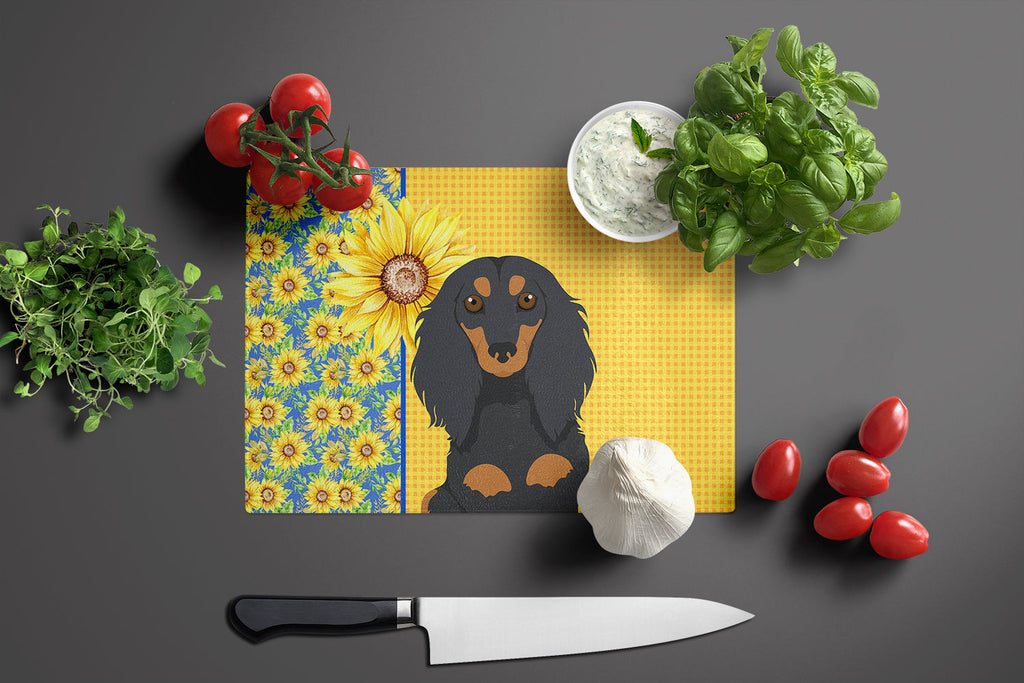 Summer Sunflowers Longhair Black and Tan Dachshund Cutting Board Tempered Glass Kitchen Cutting Surface, Heat Resistant Chopping, Non-Slip Feet, Food Prep & Serving