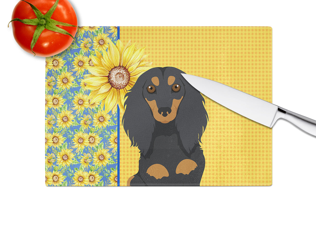 Summer Sunflowers Longhair Black and Tan Dachshund Cutting Board Tempered Glass Kitchen Cutting Surface, Heat Resistant Chopping, Non-Slip Feet, Food Prep & Serving