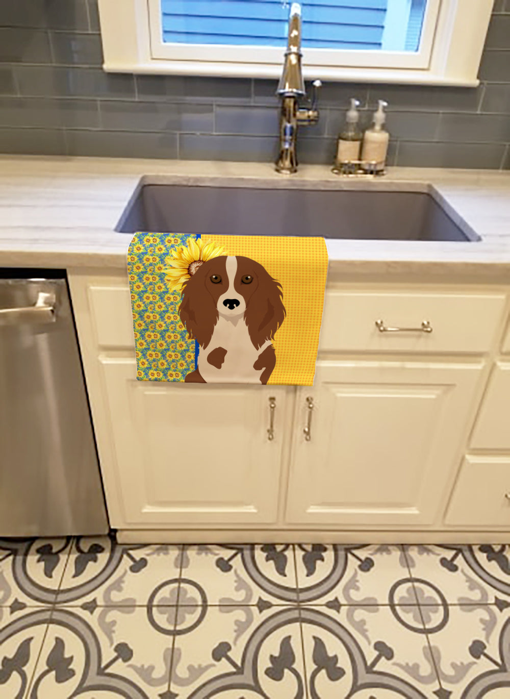Summer Sunflowers Longhair Red Pedbald Dachshund Kitchen Towel Velour Plush Front and Cotton Loop Back Machine Washable